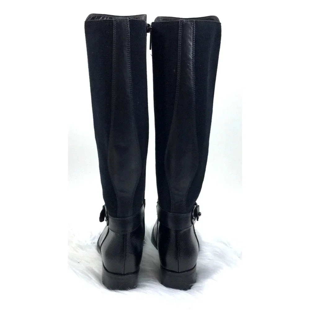 AQUATALIA Olalla Black Leather Knee High Boot Round Toe Riding Block Heel 8